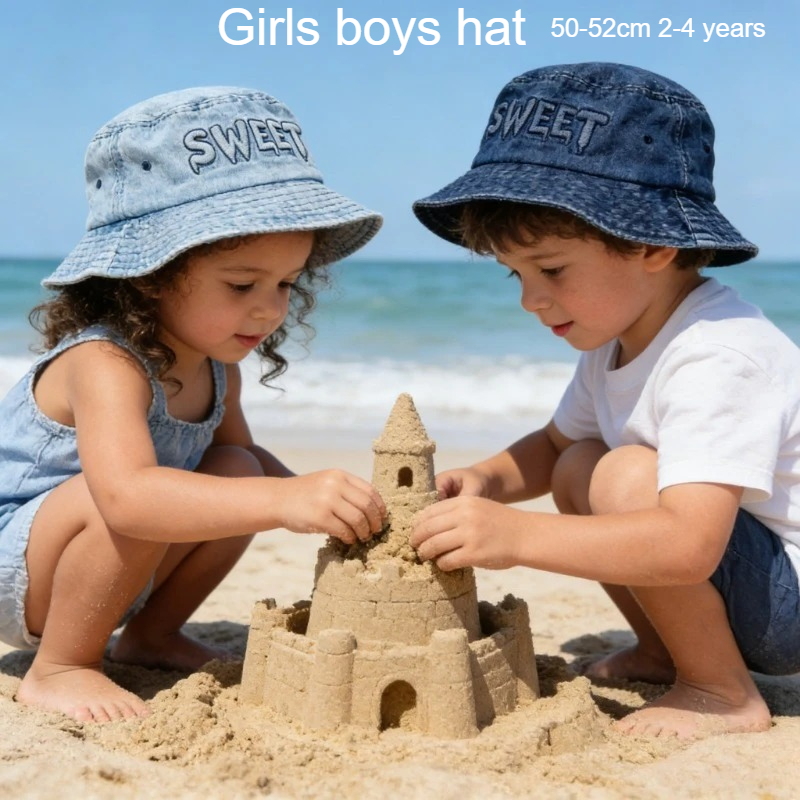 Chapéu de Sol Infantil Retrô Japonês 50-52cm 2-4 Anos com Letras Desgastadas Casual Moderno Versátil para Rua e Viagem