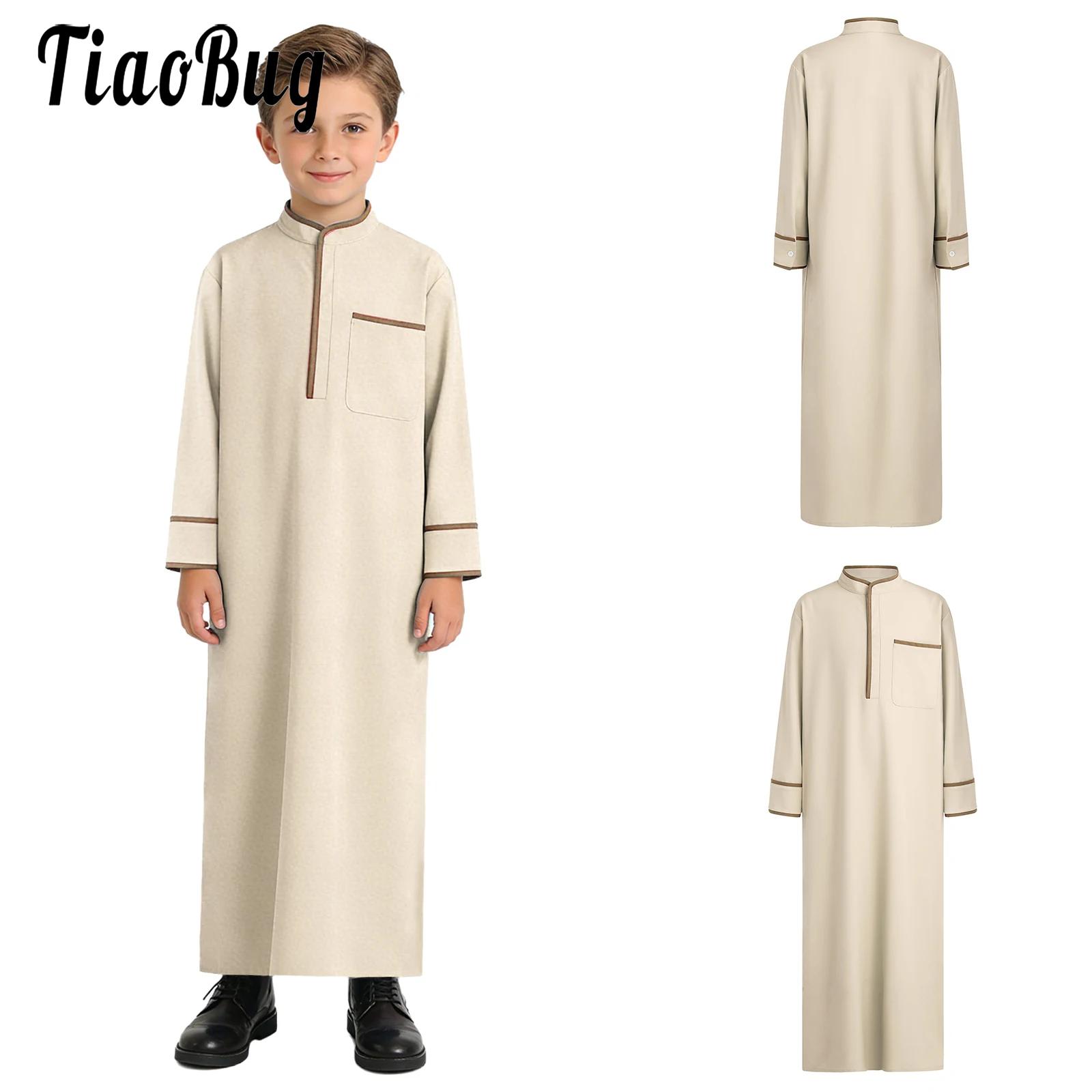 Thobe Muçulmano para Meninos, Kaftan Solto Árabe do Oriente Médio, Manga Longa, Colarinho Alto, Com Bolso, Roupa Casual para Crianças Muçulmanas