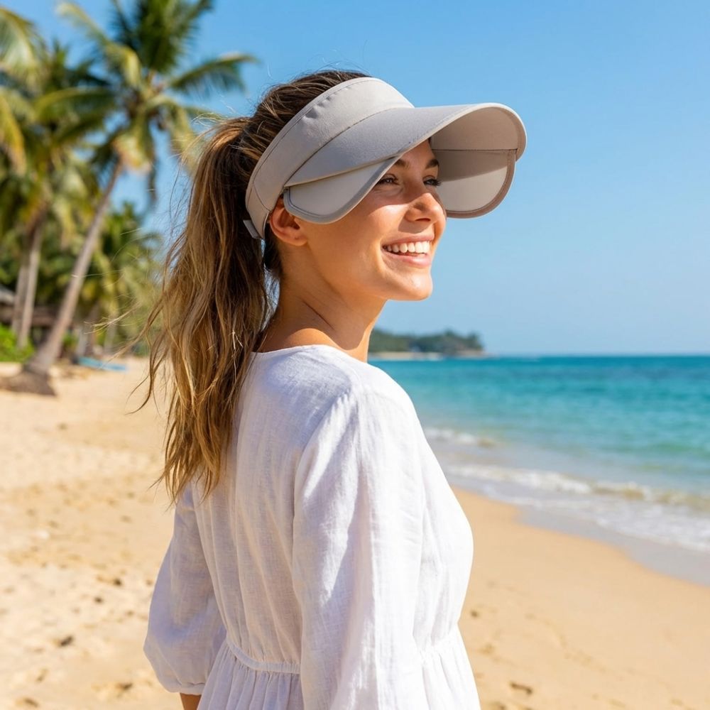 Chapéu de Sol Esportivo Moderno e Respirável com Proteção Solar, Leve, Cor Sólida, Aba Elástica, Ajustável, em Poliéster, com Topo Aberto