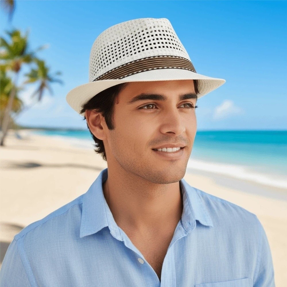 Chapéu de Sol Masculino com Aba Curta, Chapéu Panamá Leve e Respirável de Palha Trançada, Chapéu de Sol para Férias na Praia, Uso Diário