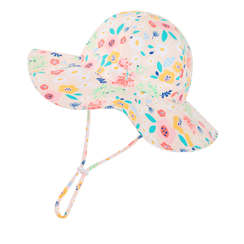 Conjunto de 2 chapéus de sol para bebês, chapéus estampados com aba larga e acabamento em renda, chapéus de proteção solar para meninas com cordão ajustável