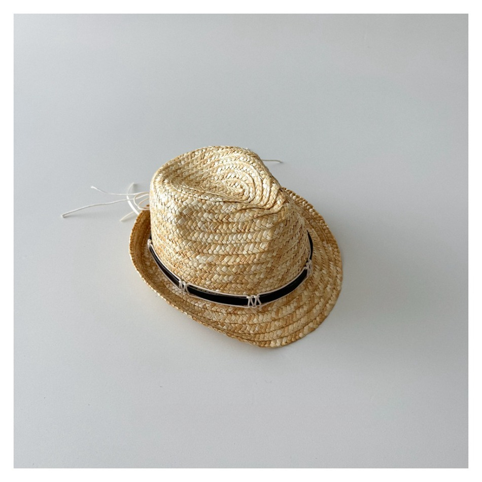 Chapéu Fedora de Palha Natural para Crianças com Faixa de Fita Preta, Chapéu de Sol Respirável para Meninos e Meninas, Chapéu de Sol para Verão ao Ar Livre BT14