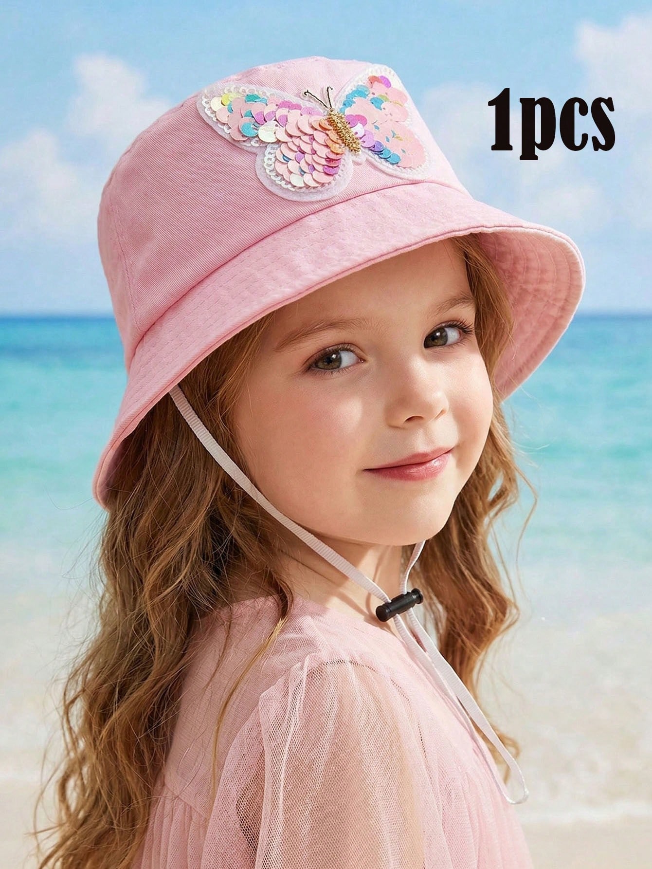 Chapéu de pescador com lantejoulas para meninas de 3 a 8 anos, chapéu rosa ajustável com proteção solar fina para o verão, 1 peça