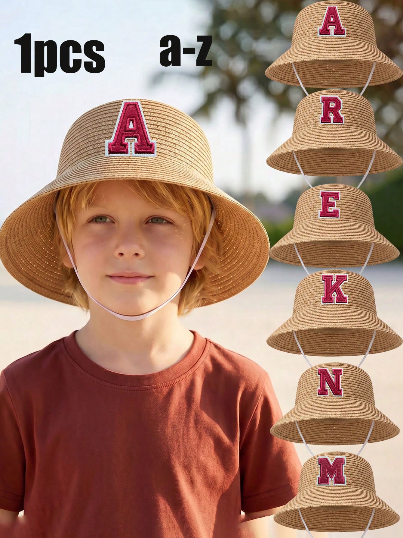 Chapéu de Sol de Palha com Laço para Meninos de 3-8 Anos, Respirável, para Praia e Verão, Ideal para Brincadeiras e Viagens