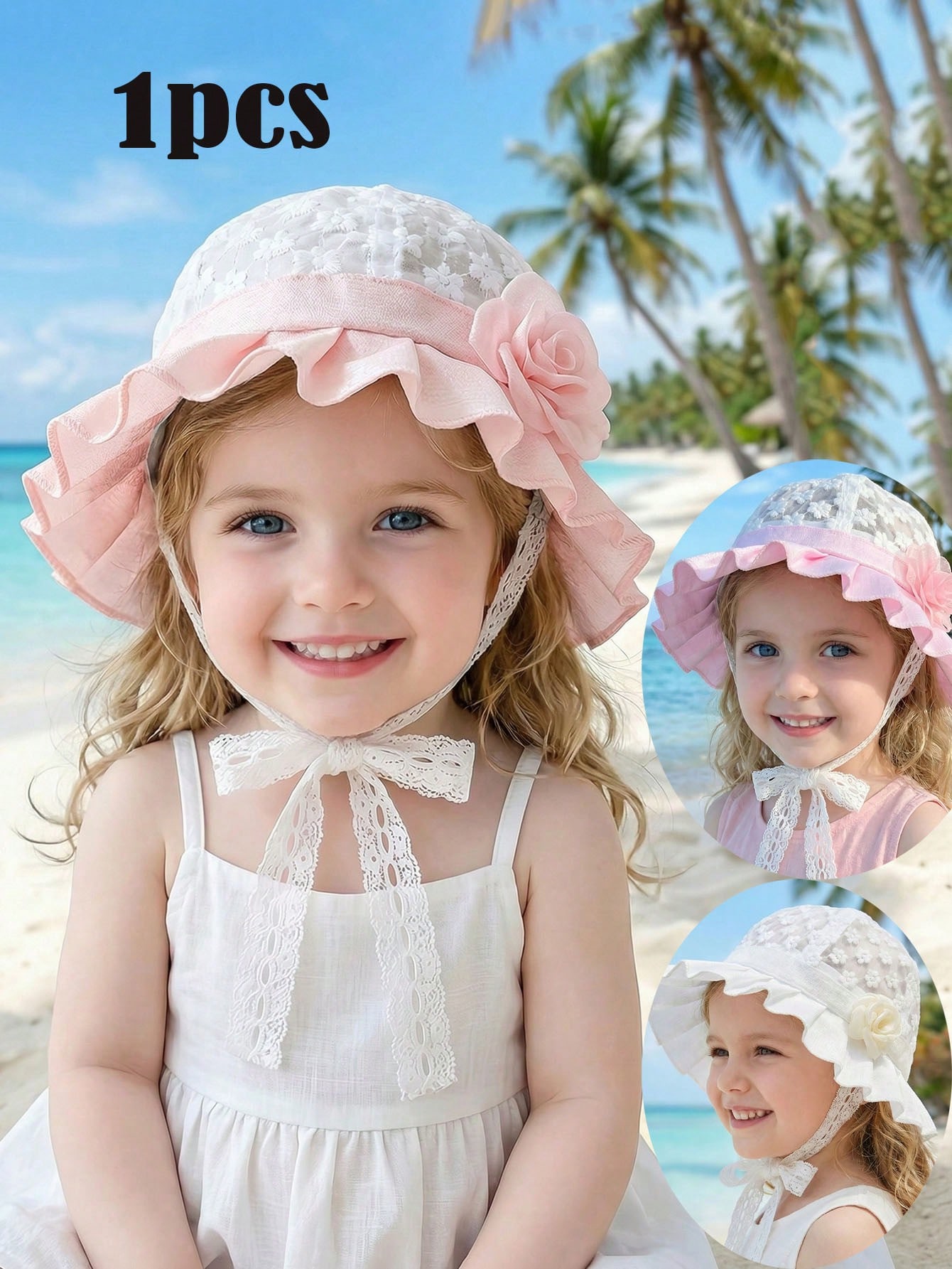 Chapéu de sol com flores de renda branca para meninas de 2 a 6 anos, chapéu infantil bordado estilo princesa respirável