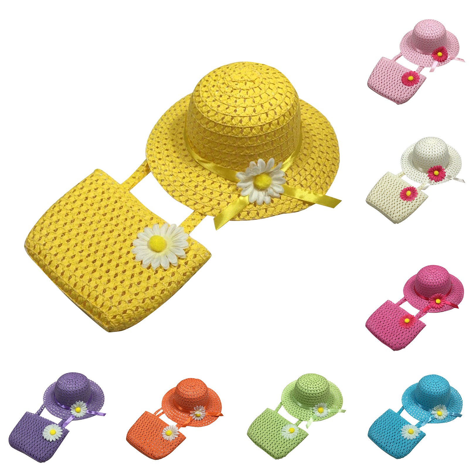 Chapéu de Palha Fashion para Meninas, Chapéu Protetor Solar para Crianças, Chapéu de Princesa para o Verão com Bolsa de Armazenamento Portátil