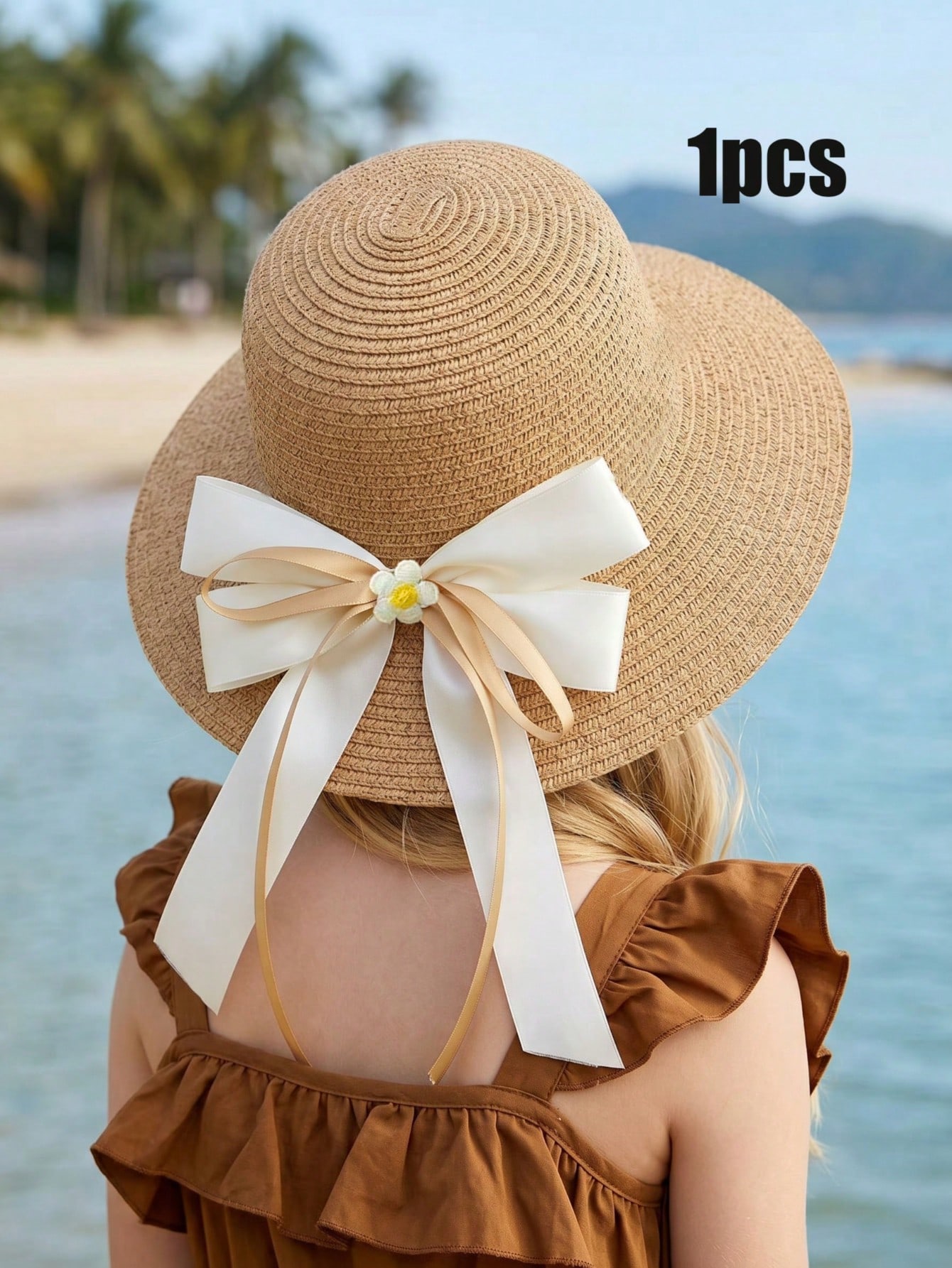 Chapéu de Palha com Laço para Meninas de 3-8 Anos, Chapéu de Sol Trançado Respirável para Praia e Verão, Ideal para Brincadeiras e Viagens
