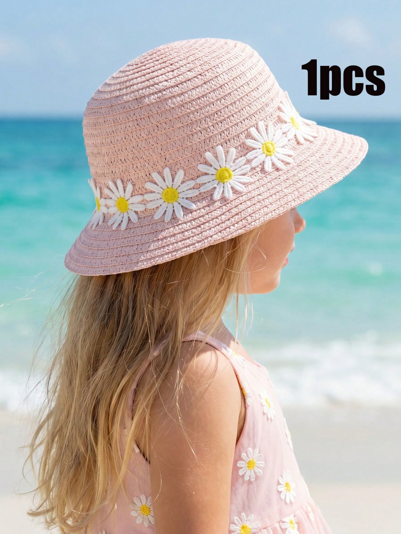 Chapéu de palha rosa para meninas de 1 a 5 anos, com padrão de margaridas, chapéu de sol respirável para praia, esportes ao ar livre, férias, uso diário casual, 1 peça