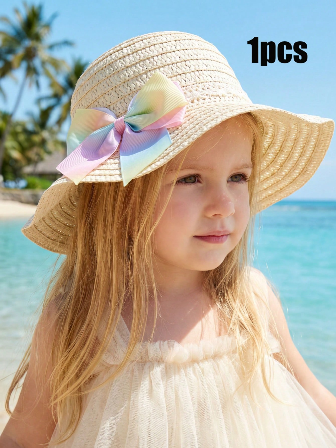 Chapéu de palha bege para meninas de 1 a 5 anos, com laço colorido, leve e respirável, chapéu de sol para praia, esportes ao ar livre, férias, uso diário, 1 peça