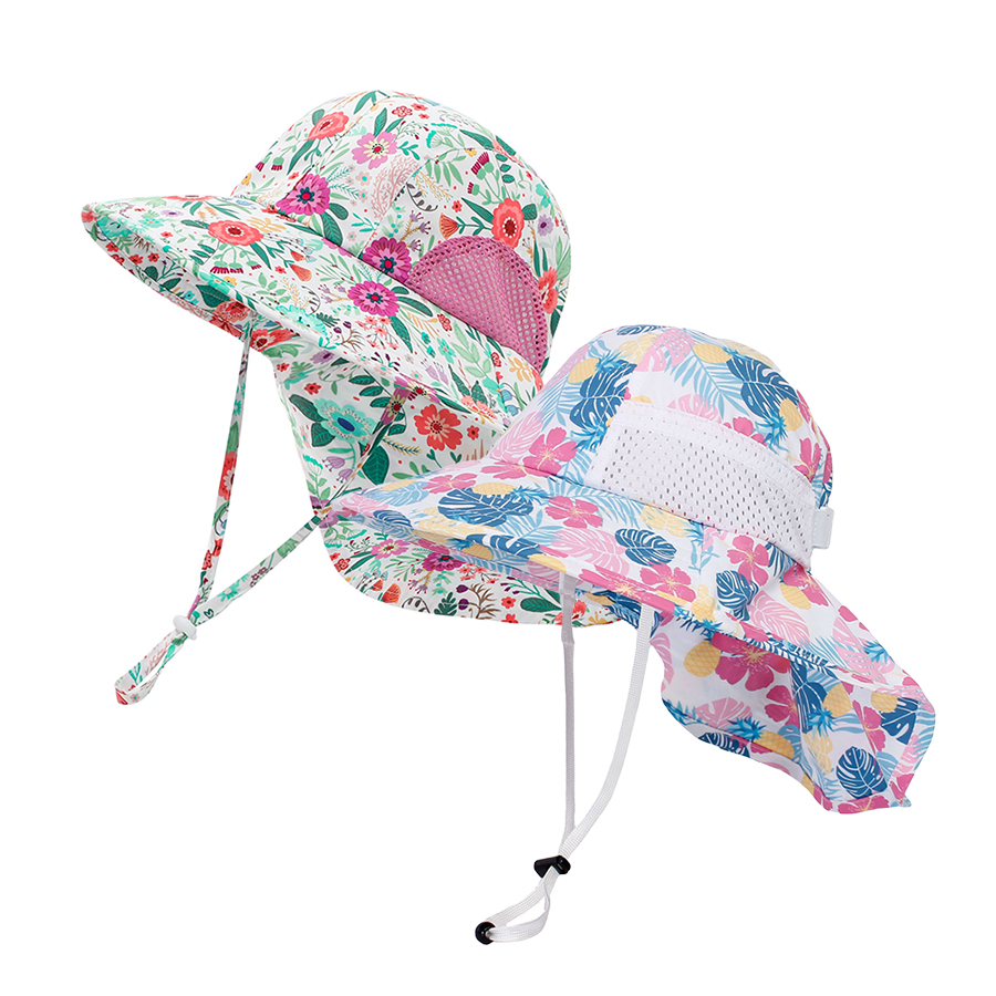 Chapéu de Sol Infantil Ajustável com Proteção Solar e Estampa Digital (2 Peças) para Crianças de 1 a 13 Anos - Chapéu de Sol