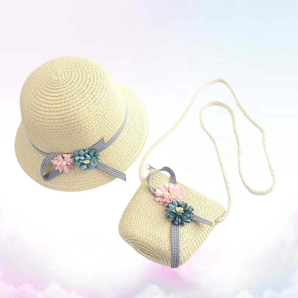 Conjunto de Chapéu de Palha Bege para Crianças com Aba Larga, Bolsa Transversal e Adorável Acessório de Cabeça Feito à Mão para Meninas, Presente de Aniversário