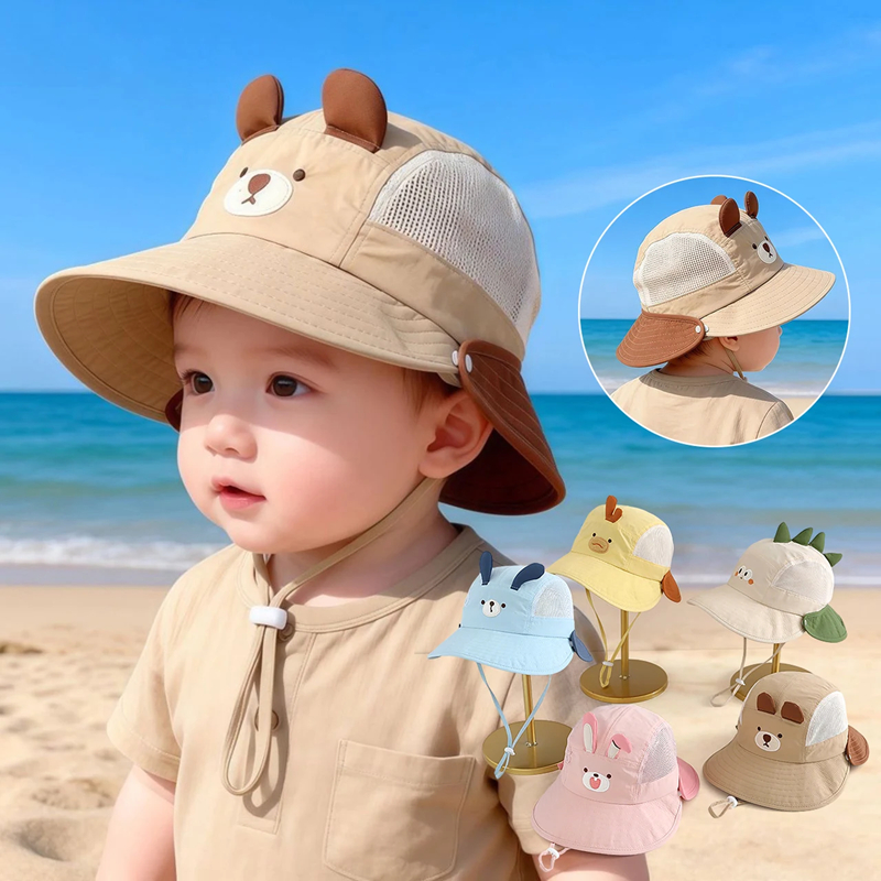 Chapéu de Praia Infantil com Proteção Solar em Estilo Cartoon, Boné com Orelhas de Urso e Coelho para Meninos e Meninas, Chapéu de Verão Respirável em Malha Panama 2026