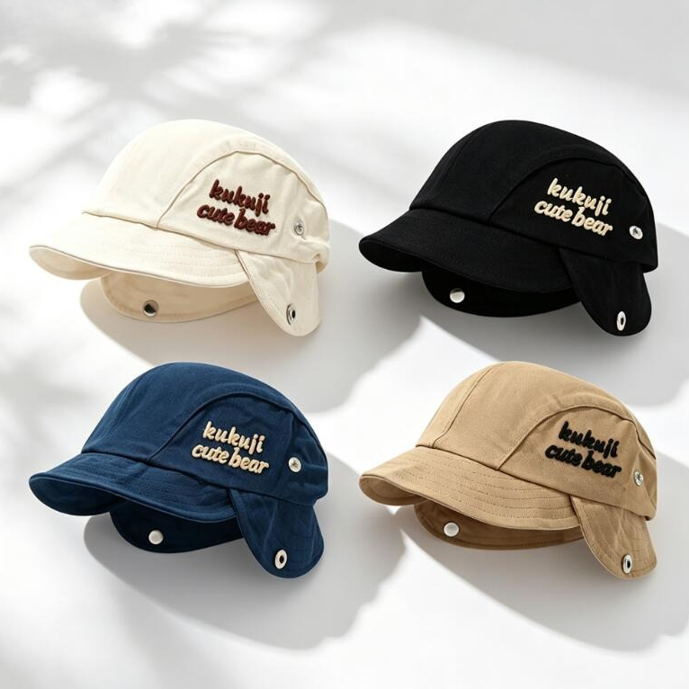 Chapéu de Outono 2026 para Bebês com Protetor de Orelha, Gorro Infantil Fofo com Pompom, Cor Sólida e Bordado de Letras, Boné de Proteção para Orelhas de Meninos e Meninas