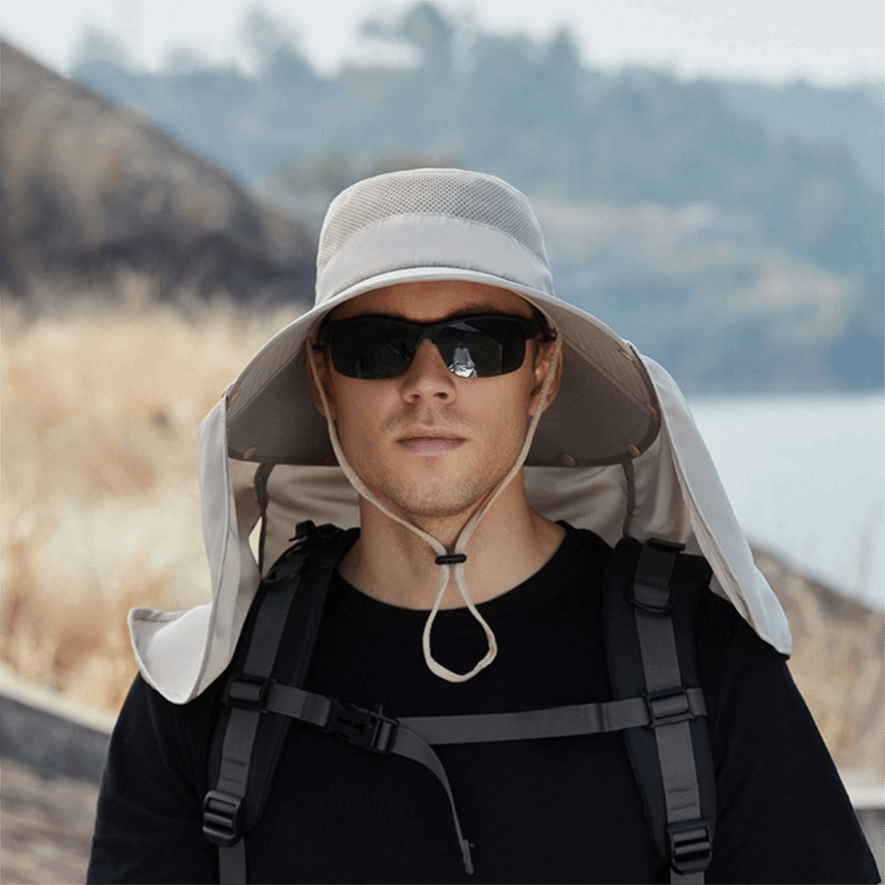 Chapéu de Sol Masculino de Moda com Aba Larga e Protetor de Pescoço Removível, Chapéu Bucket de Verão com Cordão, Boné Viseira Feminino à Prova de Raios UV para Praia