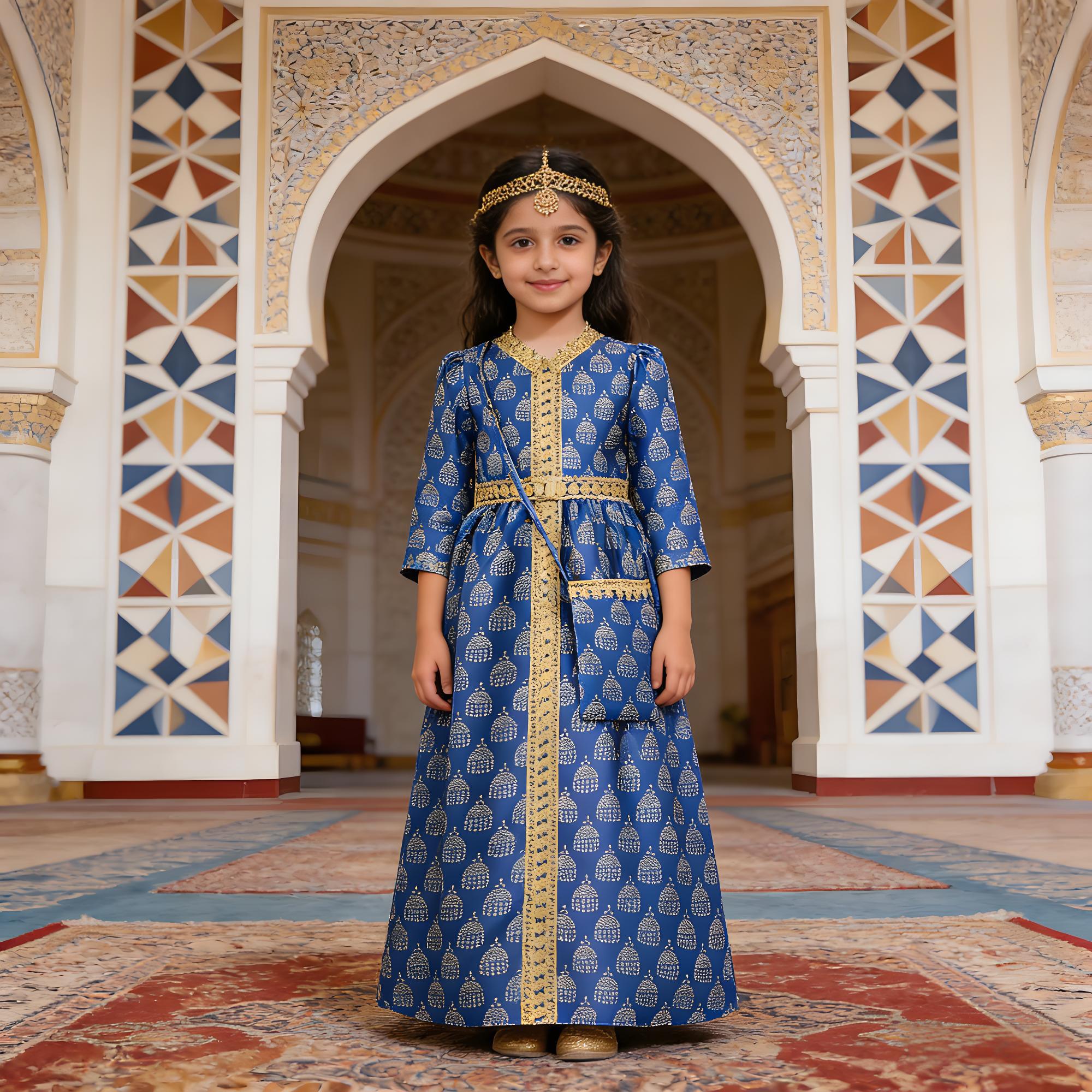 Elegante impresso vestido da menina muçulmana médio oriente estilo árabe longo robe estilo princesa criança eid festa enfant vestido vestidos casuais