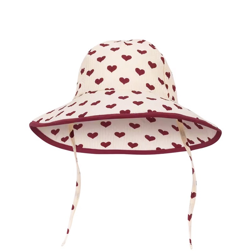 Chapéu de Sol para Meninas com Estampa de Coração em Contraste de Cores Simples, Chapéu de Pescador Moderno, Conjunto Fofo de Biquínis e Roupas de Banho para Crianças e Bebês