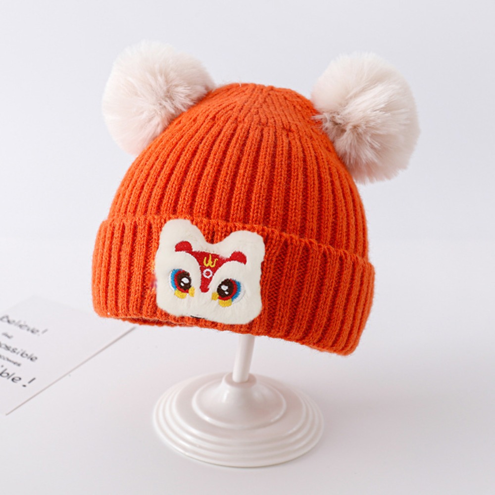 Boné de malha fofo e estiloso, gorro de malha vermelho, gorro de inverno com estampa de leão para crianças.