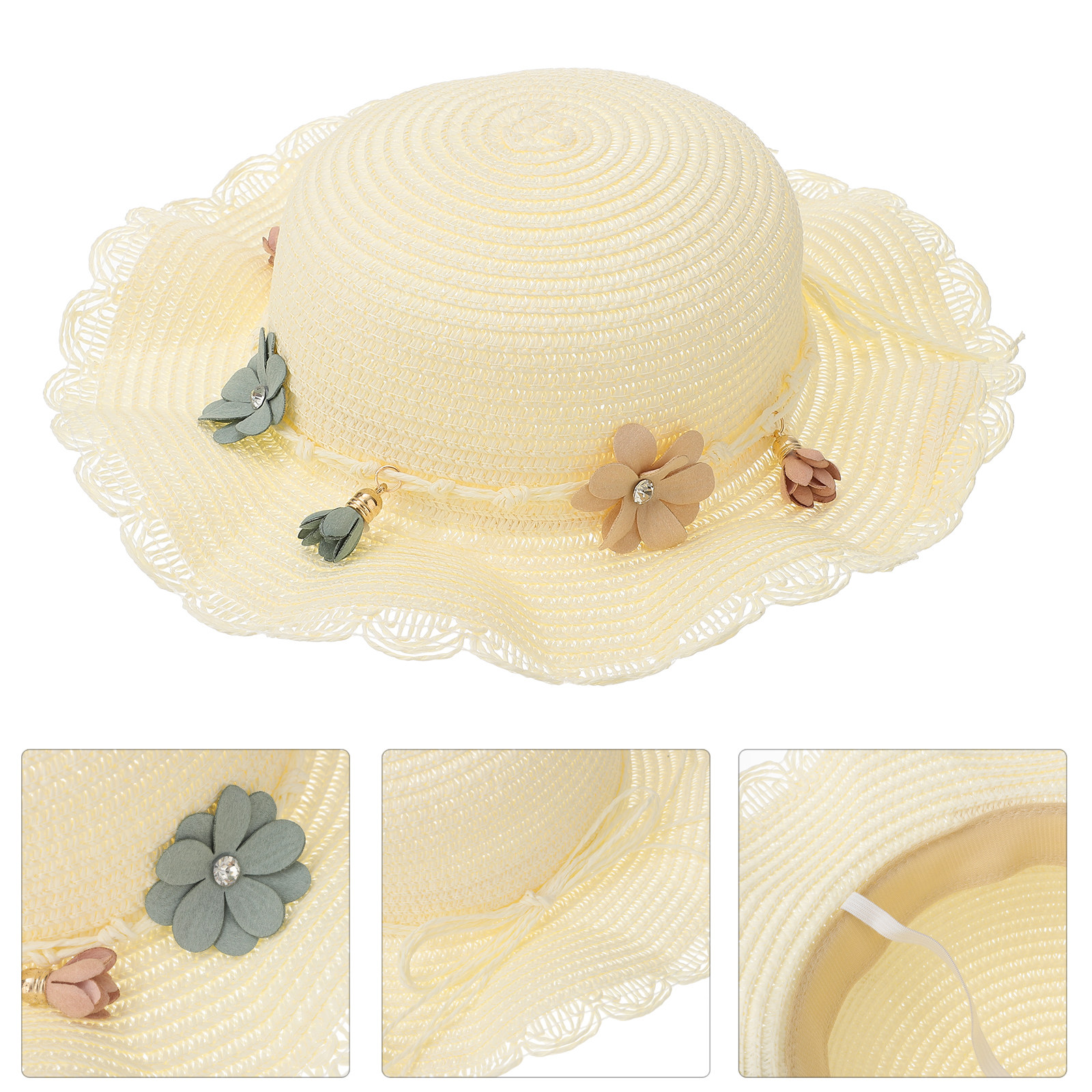 1 unidade de chapéu de sol infantil de aba larga, chapéu de palha flexível, branco leitoso, tamanho 52-54 cm, proteção solar, faixa de suor respirável, chapéu de praia para crianças.