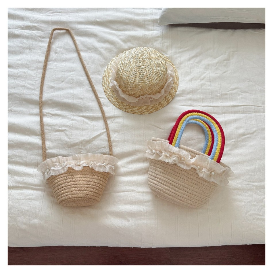 Conjunto de Chapéu de Palha e Bolsa de Verão para Crianças, Bolsa Trançada com Alça Fofa e Acabamento em Renda, Chapéu de Sol para Meninas Pequenas, Bolsas de Praia BT14